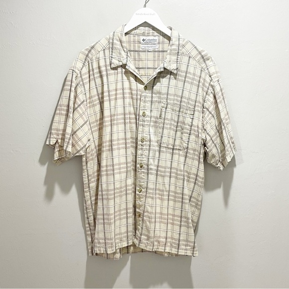 COLUMBIA Men’s Beige Brown Plaid Short Sleeve Button Up Collared Shirt Size XL - Picture 1 of 6
